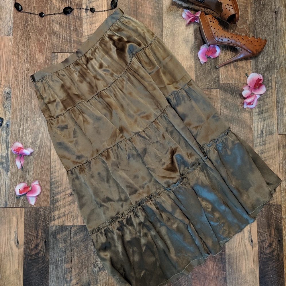 TO THE MAX! *RARE* SILK TIERED BROWN MAXI SKIRT - Picture 2 of 8